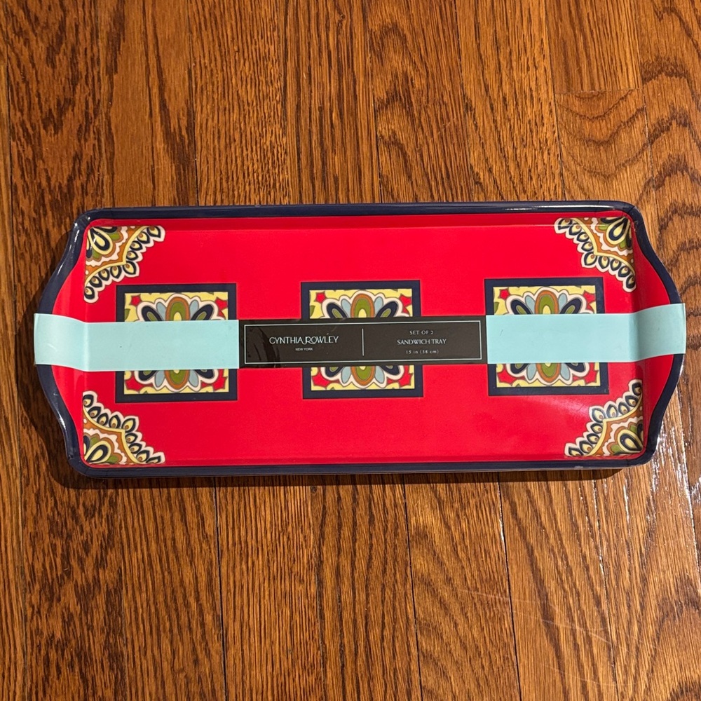 Cynthia Rowley Melamine Red & Blue Patterned Tray (set of 2) and Salad utensils